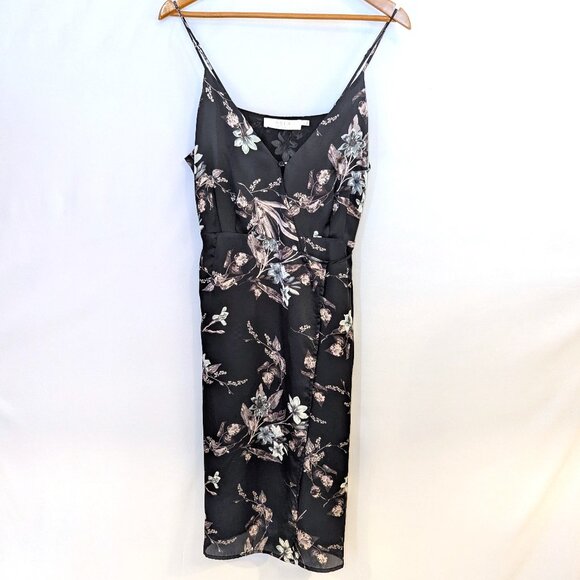 ASTR The Label | Satin Wrap Dress in Black Floral | Size Large - Picture 5 of 12